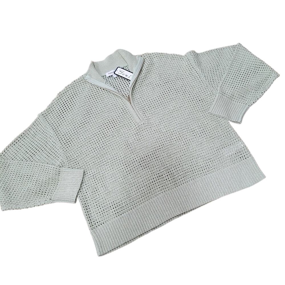 Open Weave Mock Neck Quarter Zip Sweater With Metallic Gold Thread Size Large